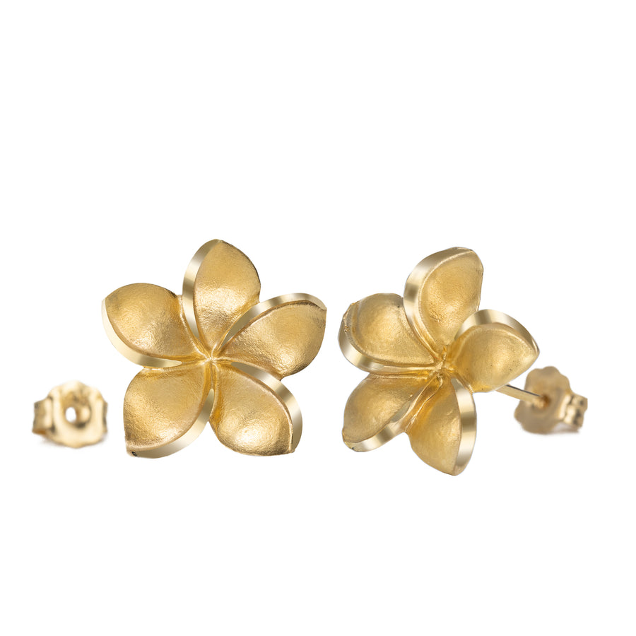 14K Solid Yellow Gold Hawaiian Plumeria Flower Stud Earrings
