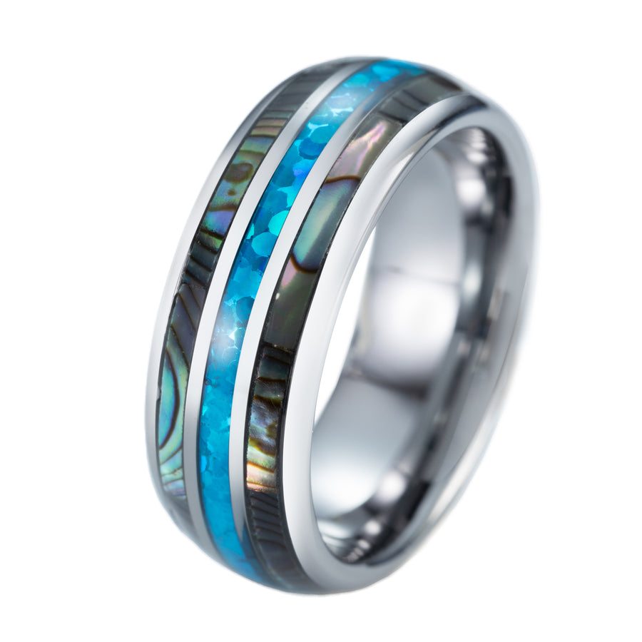Tungsten Carbide Abalone Shell with Created Blue Opal Inlay 8mm Comfort Fit Ring / Wedding Band