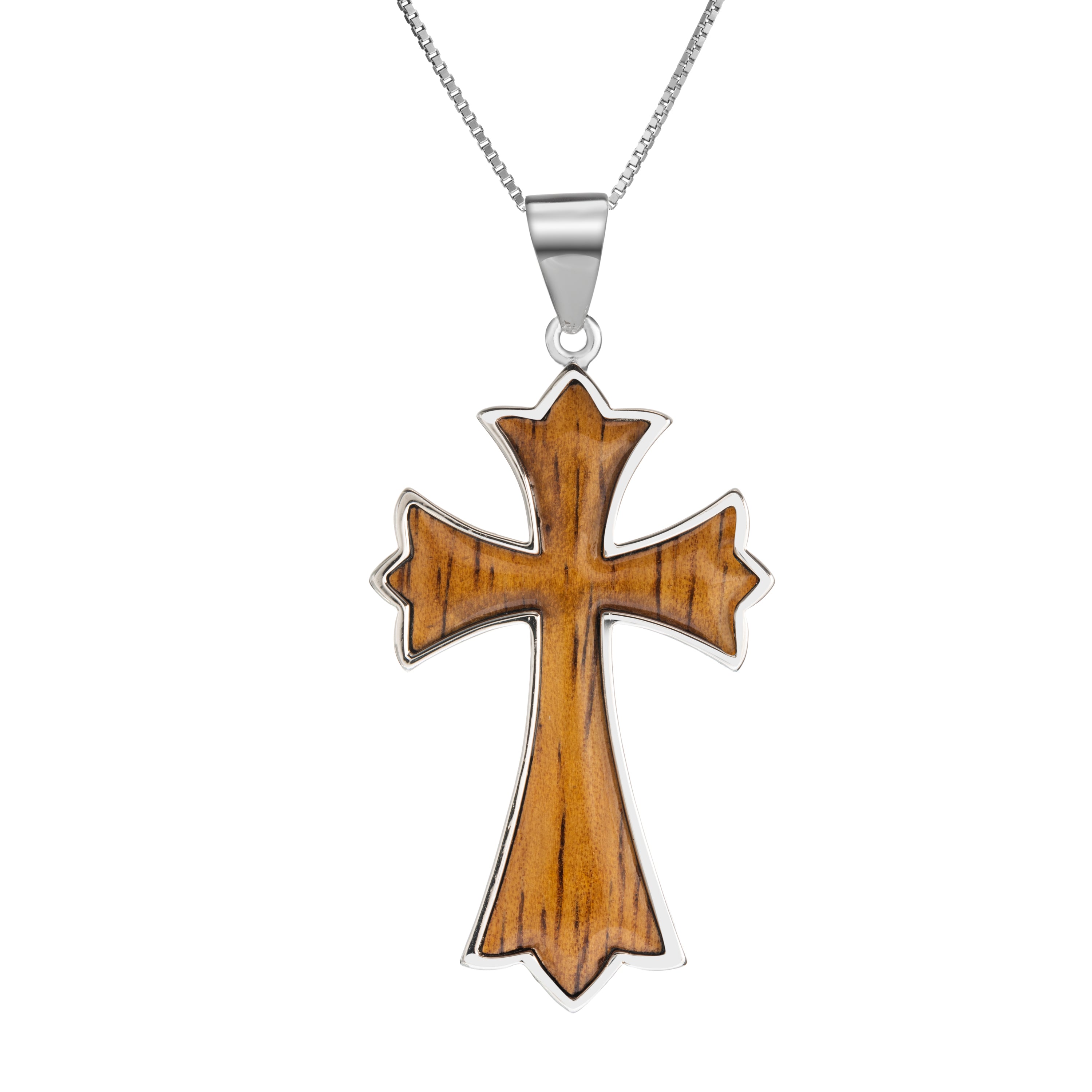 Sterling Silver Koa Wood Cross Necklace Pendant with 18