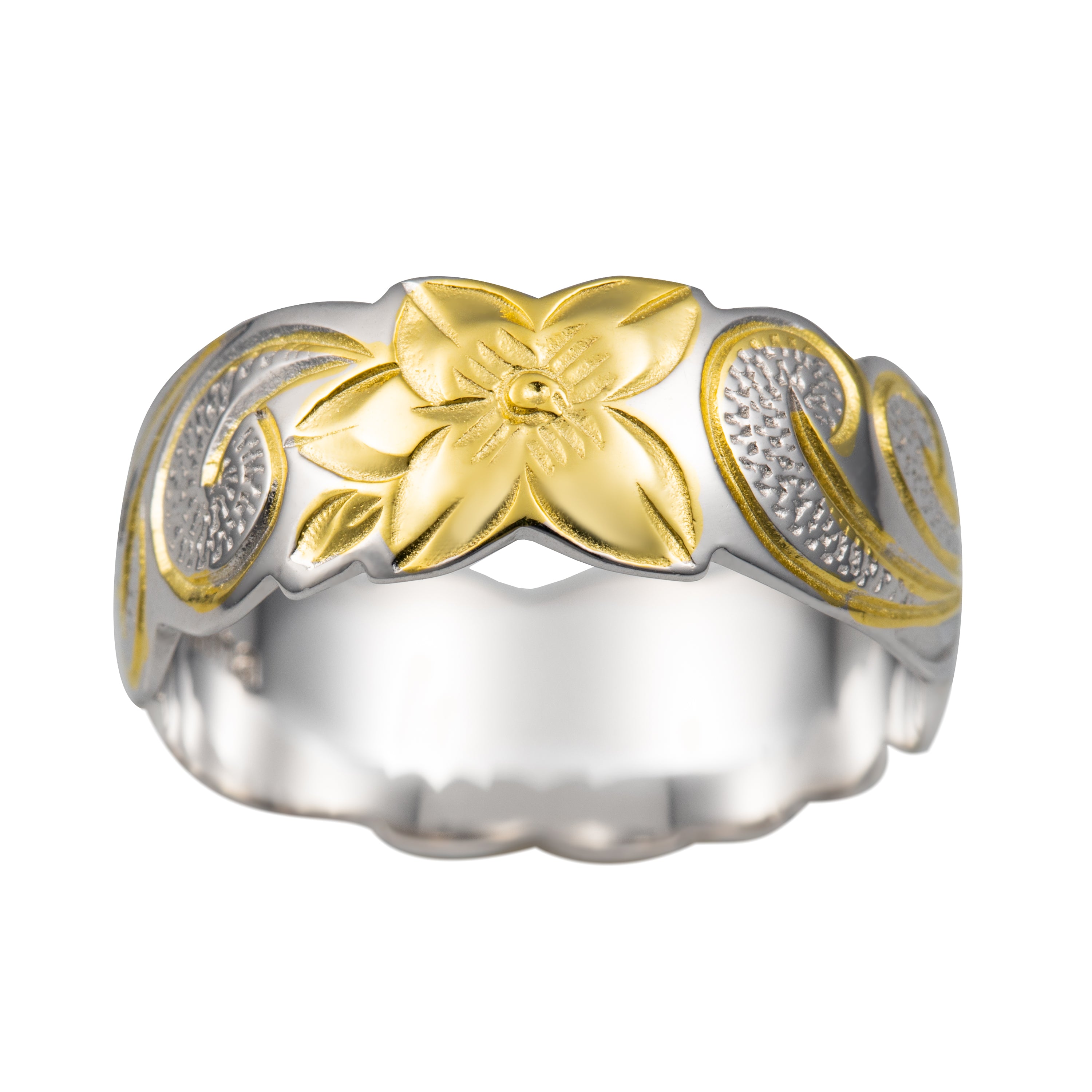 8mm Silver 925 Hawaiian Princess Scroll Ring – Yellow Gold Plated, Sizes 3 To 14
