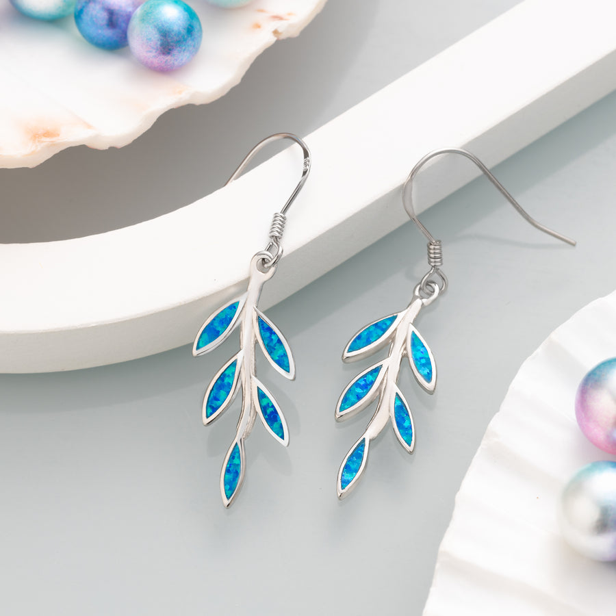 Sterling Silver Blue Opal Hawaiian Maile Leaf Dangle Earrings