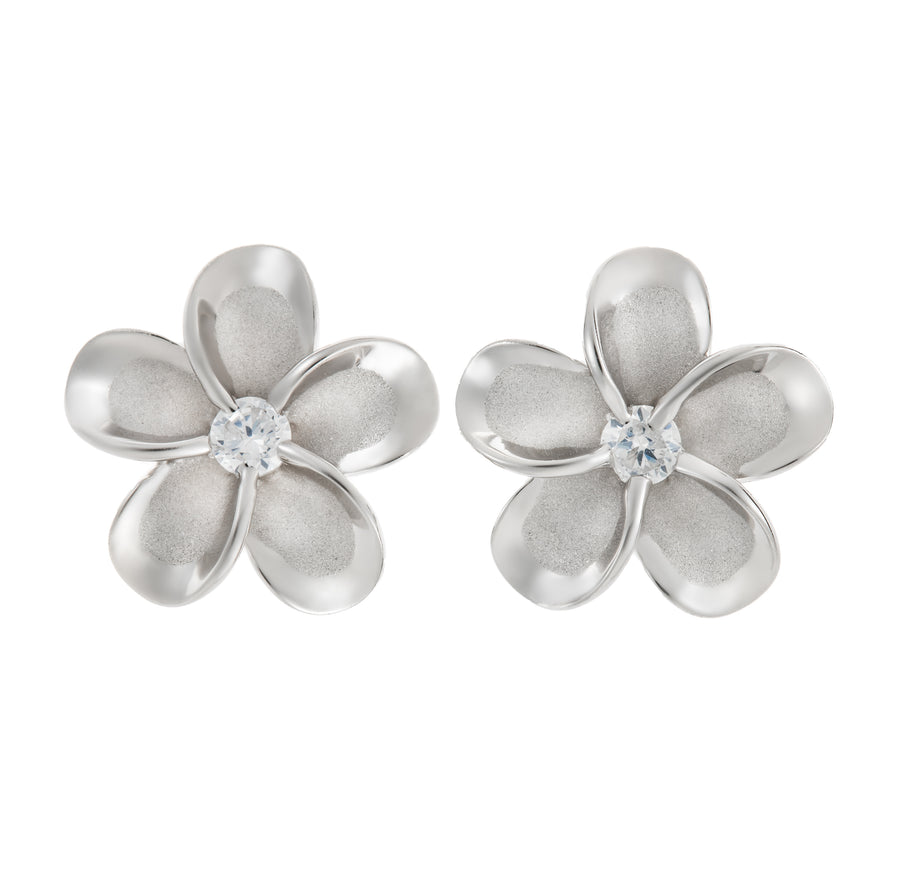 925 Sterling Silver Plumeria Stud Earrings with Cubic Zirconia