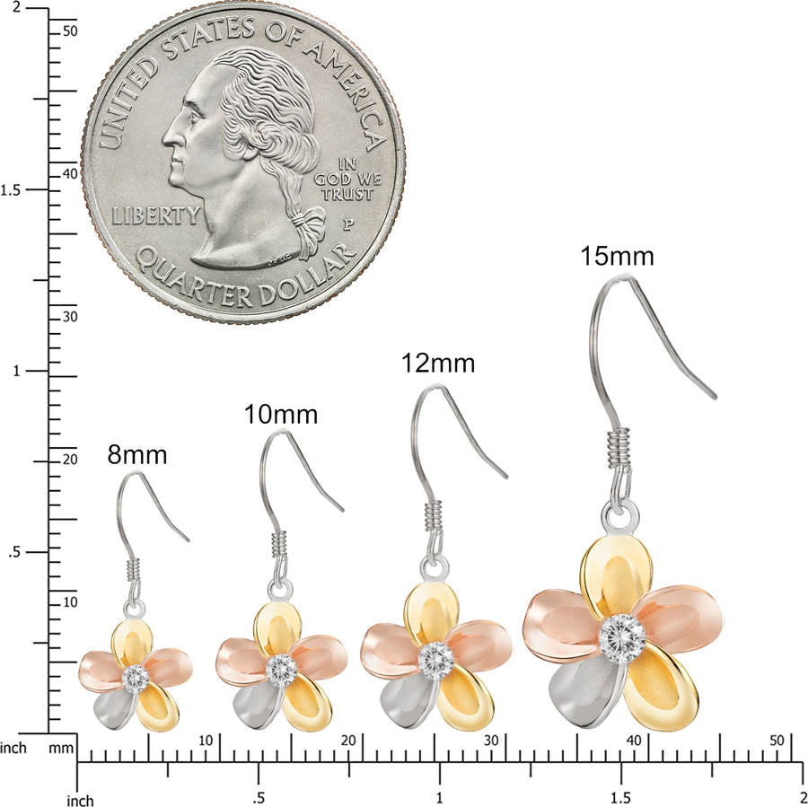 14K Tri-Color Gold Plated 925 Sterling Silver Cubic Zirconia Hawaiian Plumeria Flower Dangle Hook Earrings