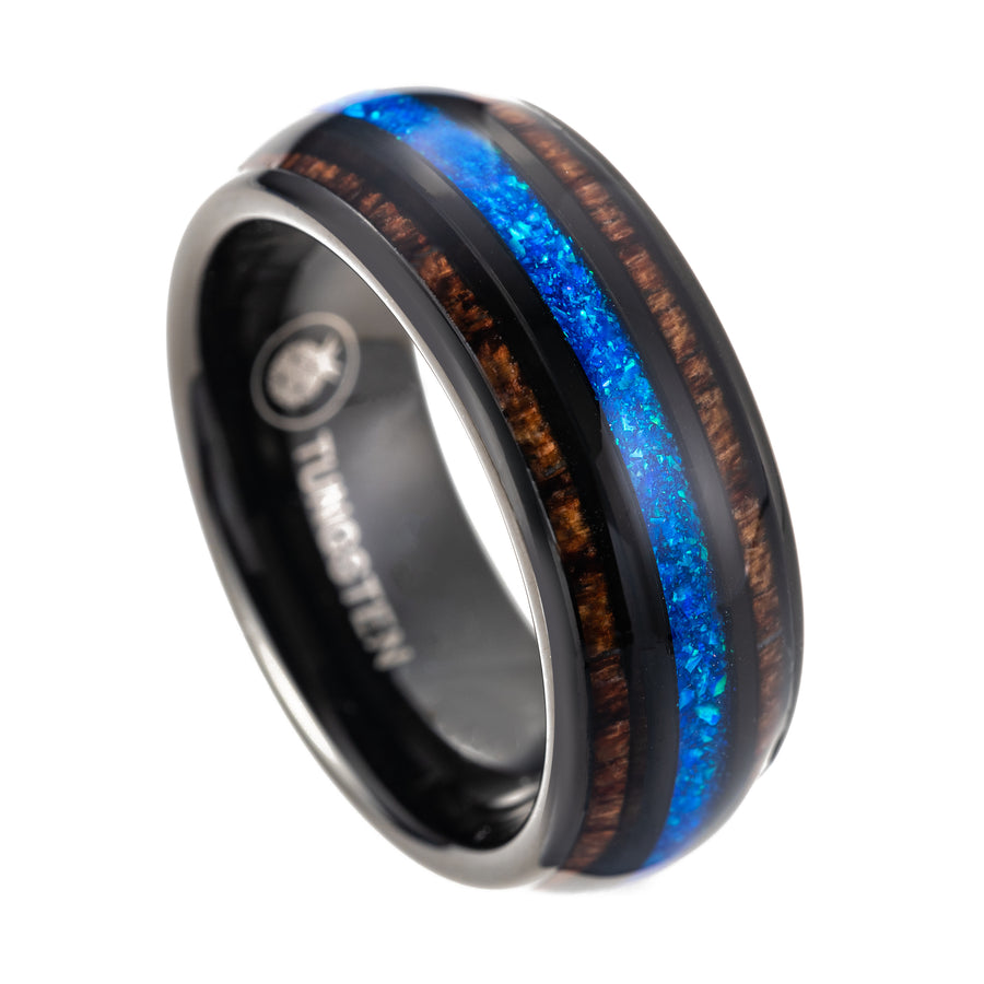 Black Tungsten Carbide Hawaiian Koa Wood with Crushed Blue Opal Inlay 8mm Ring