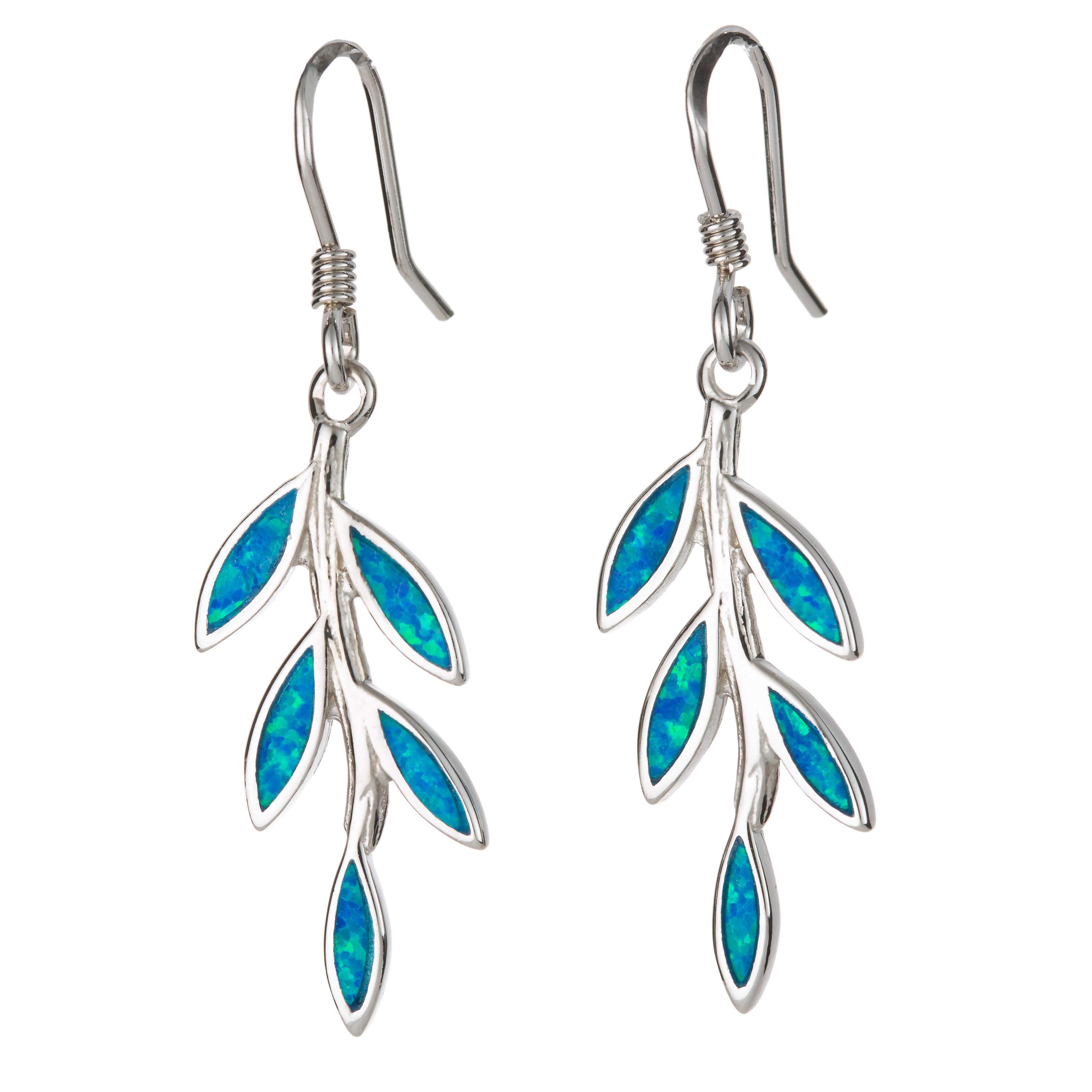 Silver Hawaiian Fish hook dangle wire earrings inlaid blue Opal