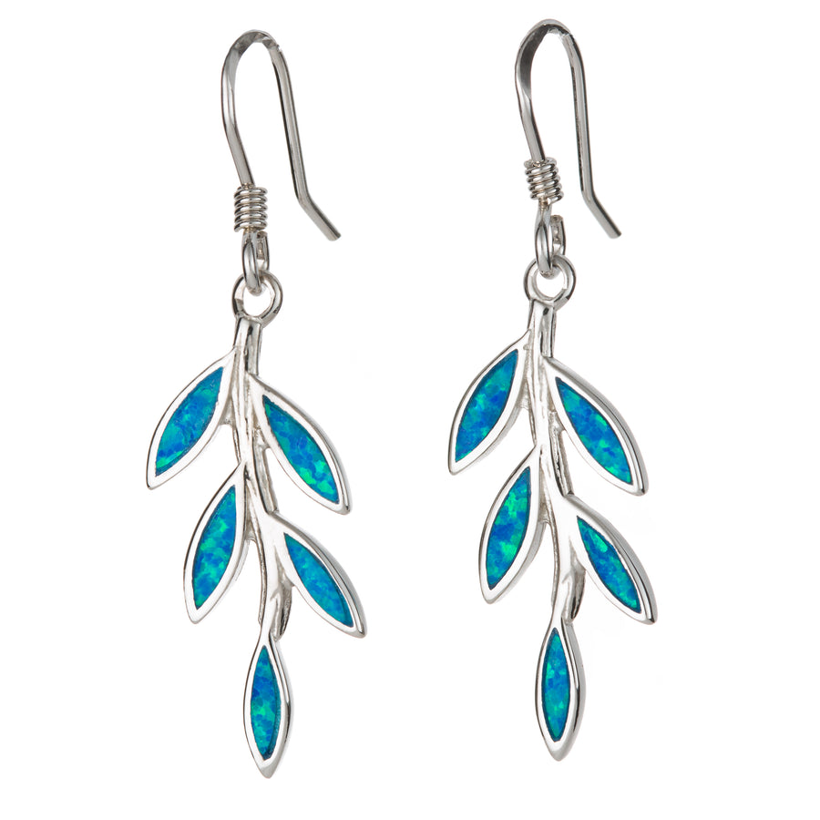 Sterling Silver Blue Opal Hawaiian Maile Leaf Dangle Earrings