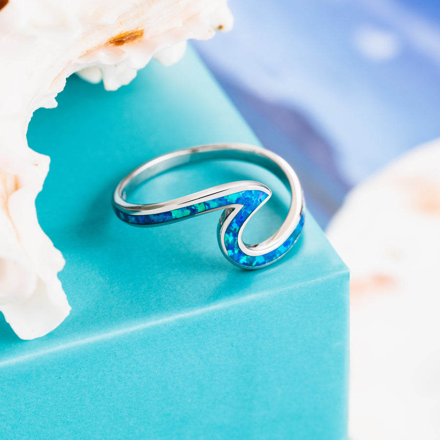 Sterling Silver Real Opal Ocean Wave Ring