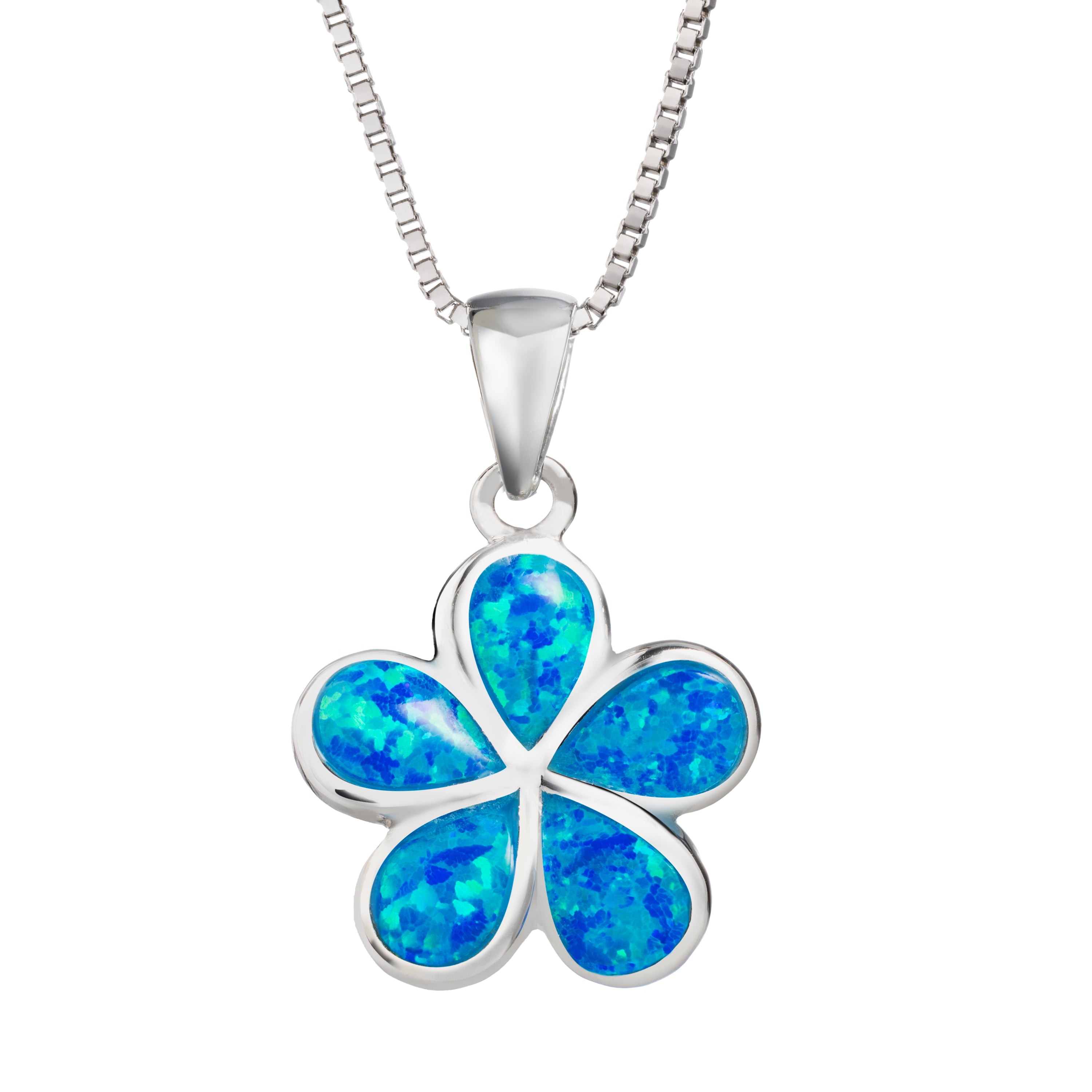 925 Sterling Silver Blue Opal Plumeria Flower Necklace Pendant