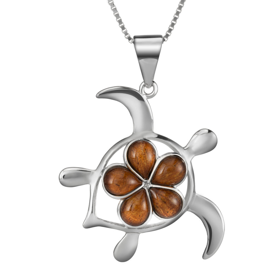Sterling Silver Natural Koa Wood Turtle with Plumeria Pendant