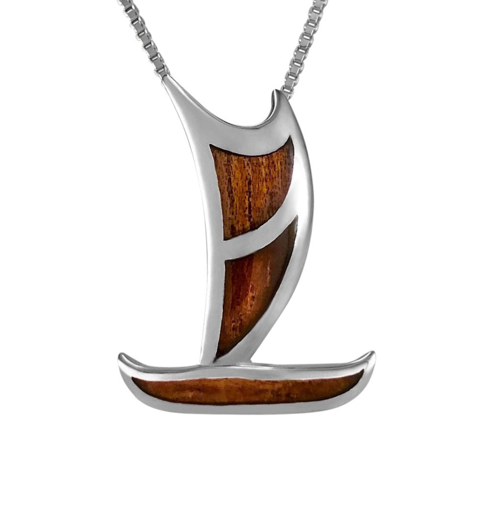 Sterling Silver Koa Wood Voyaging Canoe Necklace Pendant with 18