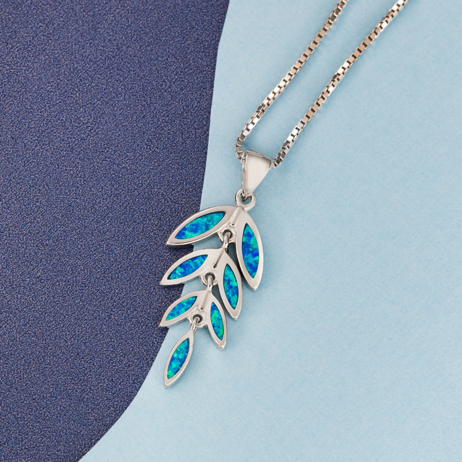 Sterling Silver Opal Dangle Maile Leaf Necklace Pendant