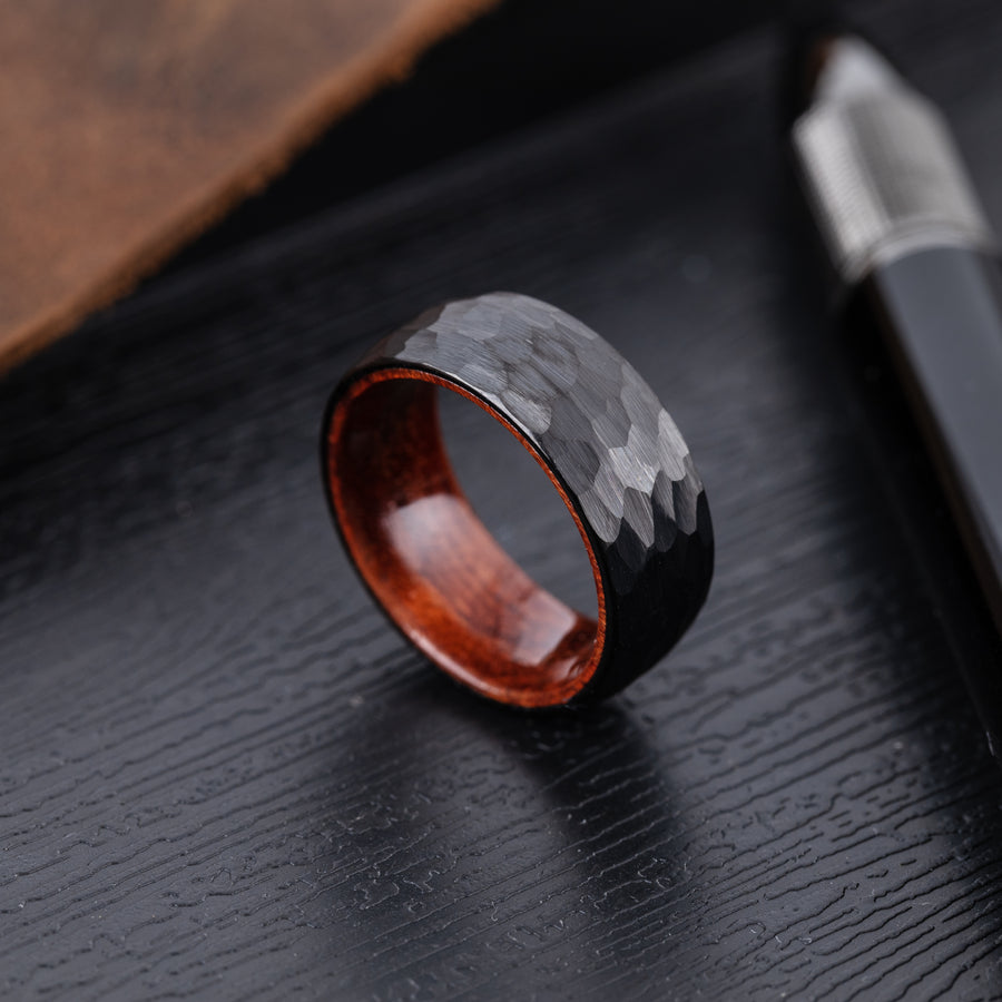 8mm Hammered Black Tungsten Carbide Genuine Natural Koa Wood Inner Inlay Ring