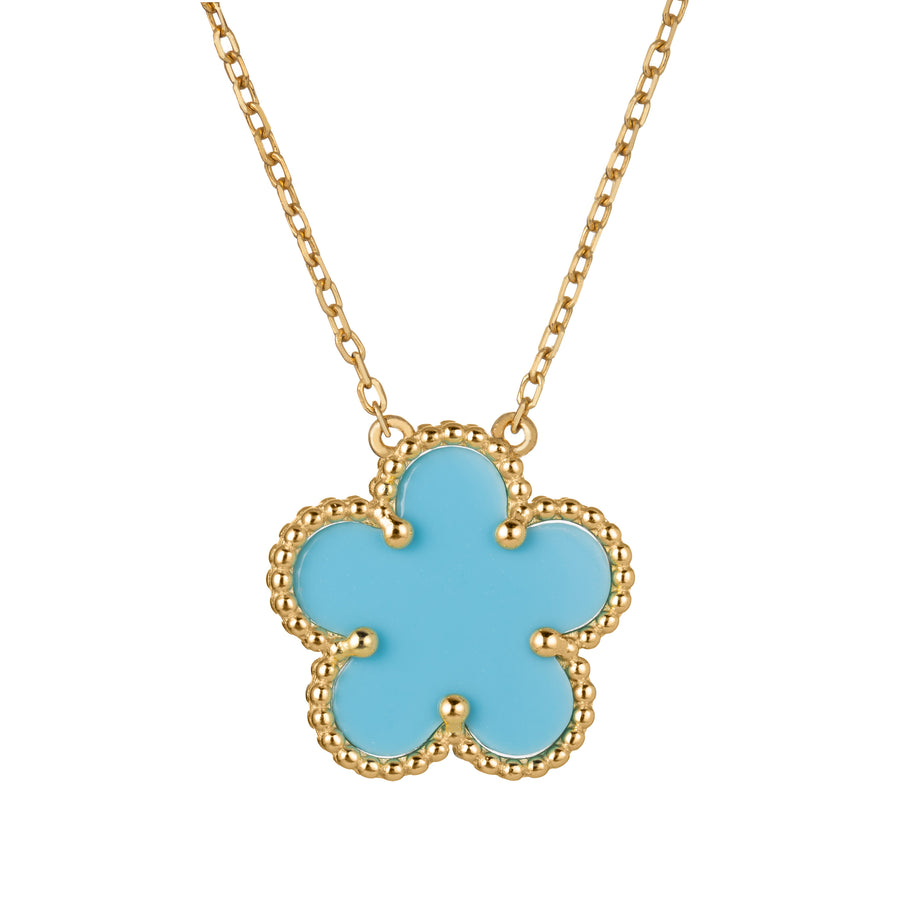 925 Sterling Silver 14K Yellow Gold Plated Hawaiian Aloha Plumeria Clover Flower Necklace Pendant 16" + 2" Adjustable Chain, Turquoise