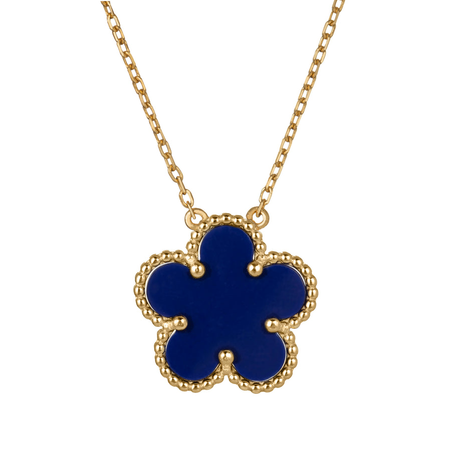 925 Sterling Silver 14K Yellow Gold Plated Hawaiian Aloha Plumeria Clover Flower Necklace Pendant 16" + 2" Adjustable Chain, Lapis Lazuli