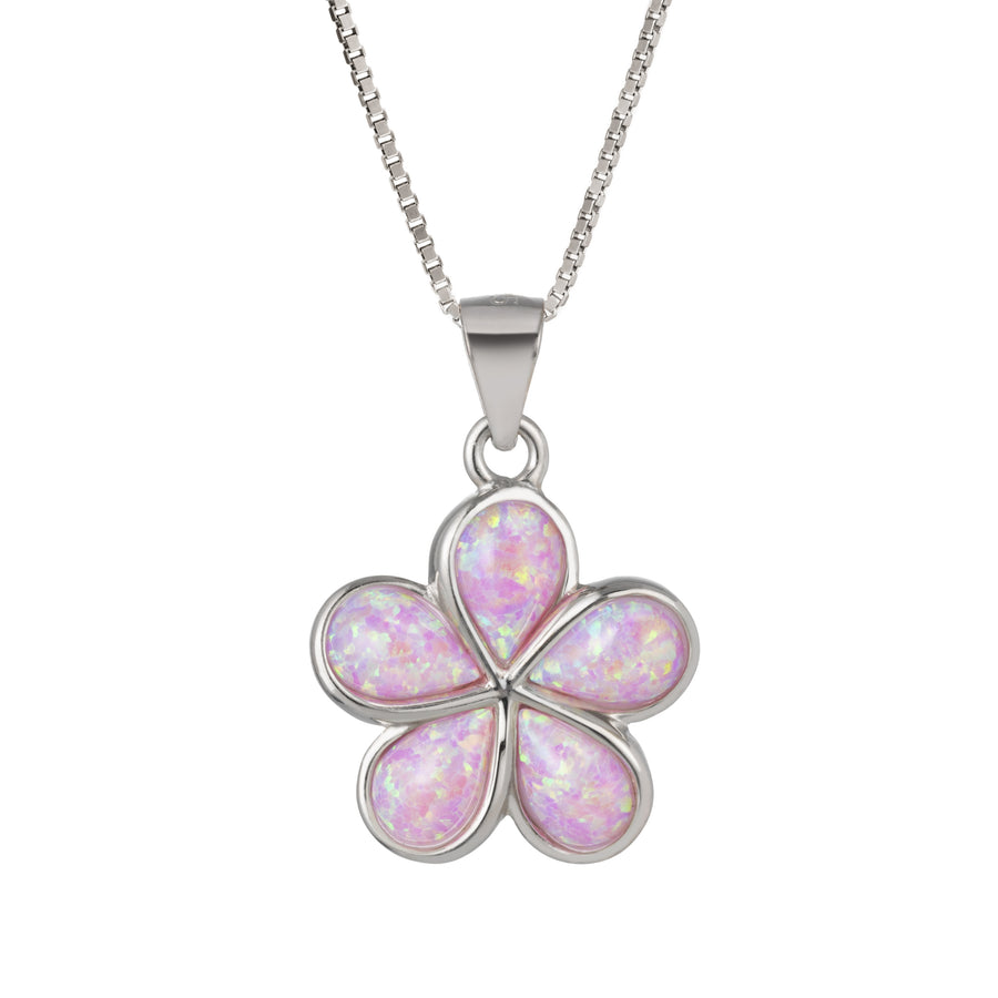 925 Sterling Silver Pink Opal Plumeria Flower Necklace Pendant