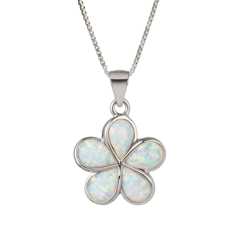 925 Sterling Silver White Opal Plumeria Flower Necklace Pendant