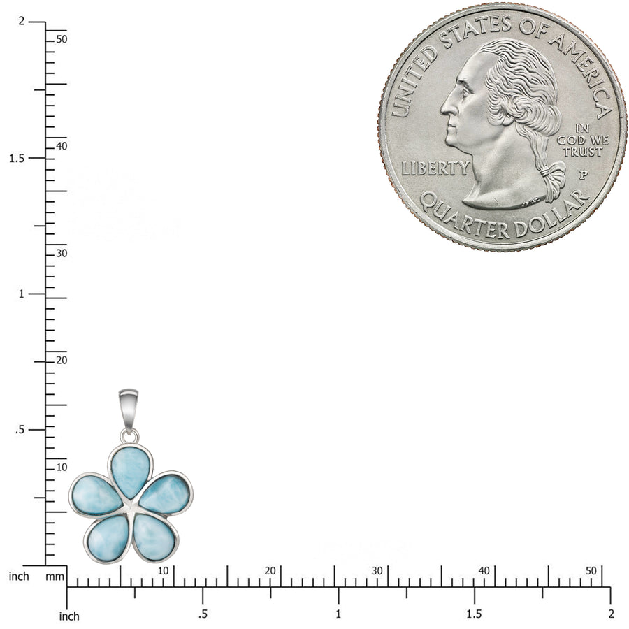 Sterling Silver Natural Larimar Plumeria Flower Necklace Pendant Rounded Petals