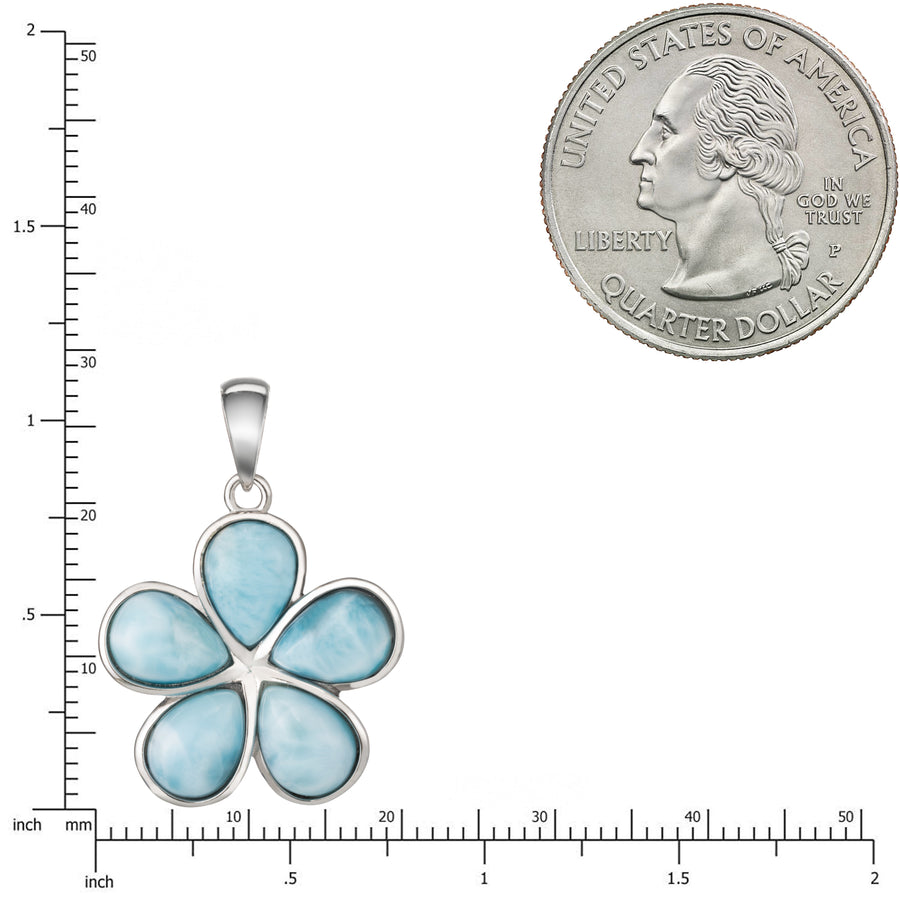 Sterling Silver Natural Larimar Plumeria Flower Necklace Pendant Rounded Petals