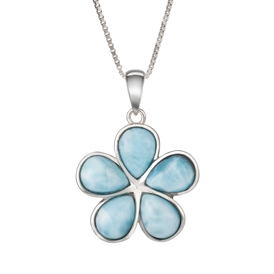 Sterling Silver Natural Larimar Plumeria Flower Necklace Pendant Rounded Petals