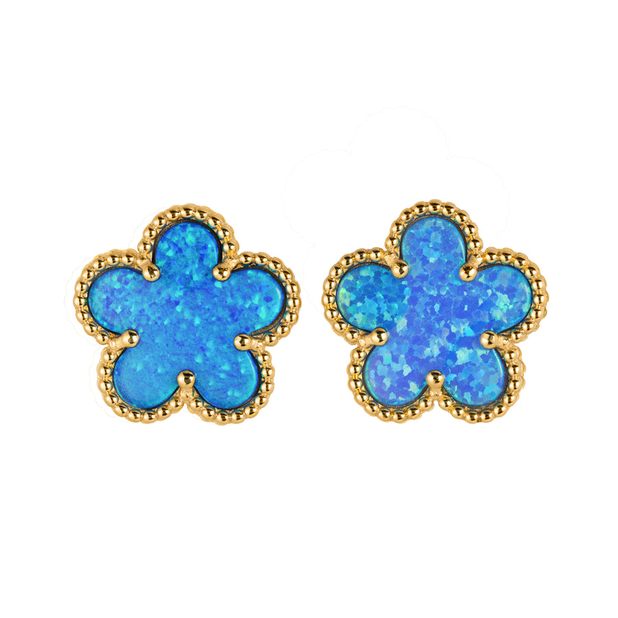 925 Sterling Silver 14K Yellow Gold Plated Hawaiian Aloha Plumeria Clover Flower Stud Earrings, Blue Opal