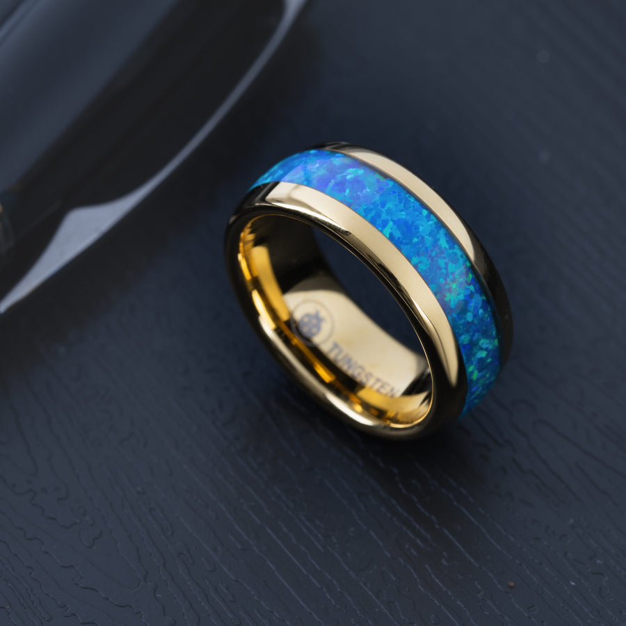 Gold Tungsten Carbide Blue Opal Inlay 8mm Wedding Band