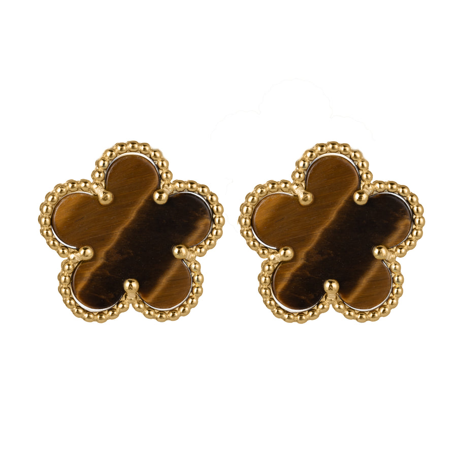 925 Sterling Silver 14K Yellow Gold Plated Hawaiian Aloha Plumeria Clover Flower Stud Earrings, Tigers Eye