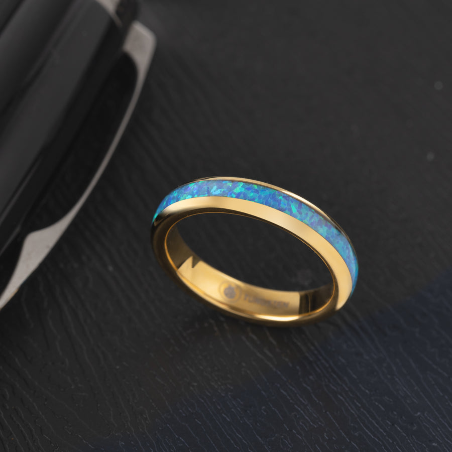 Yellow Gold Tungsten Carbide Blue Opal Inlay 4mm Wedding Band