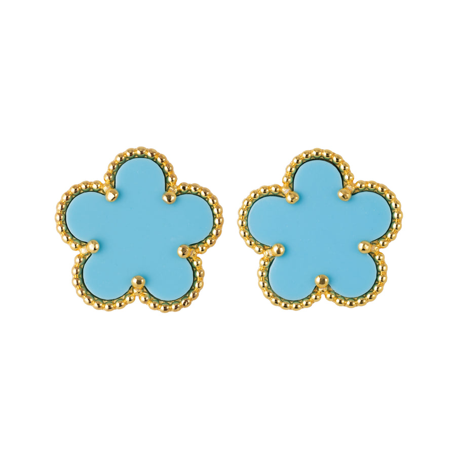 925 Sterling Silver 14K Yellow Gold Plated Hawaiian Aloha Plumeria Clover Flower Stud Earrings, Turquoise