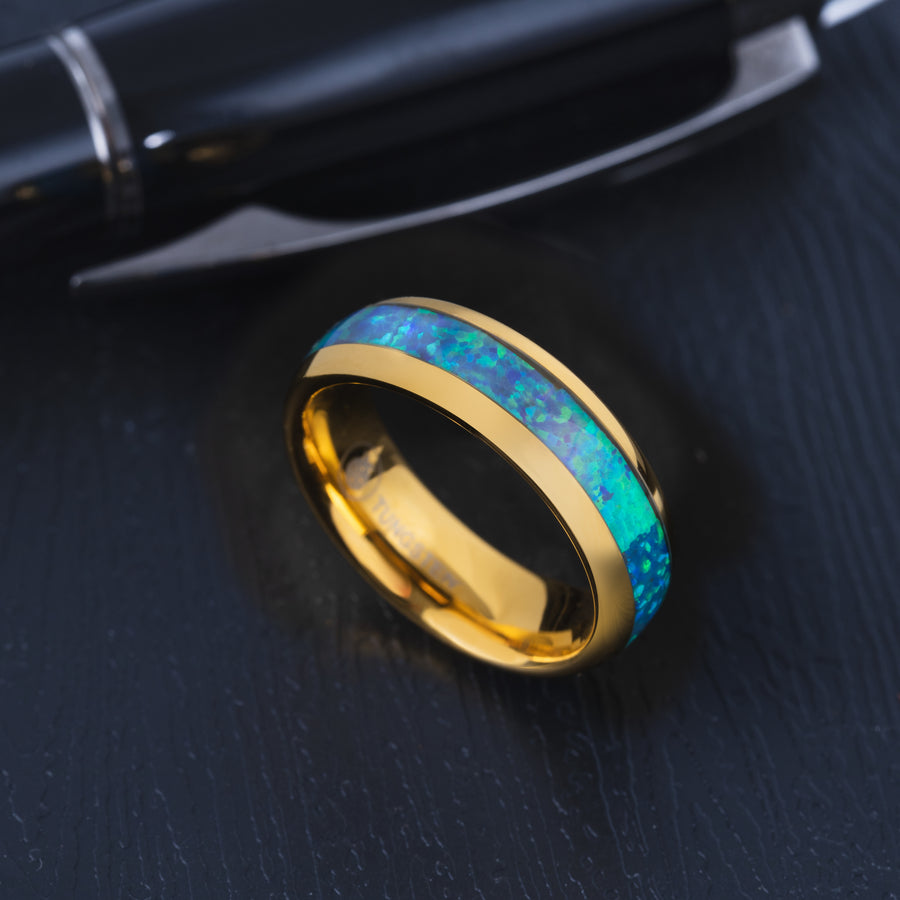 Gold Tungsten Carbide Blue Opal Inlay 6mm Wedding Band