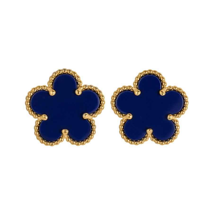 925 Sterling Silver 14K Yellow Gold Plated Hawaiian Aloha Plumeria Clover Flower Stud Earrings, Lapis Lazuli