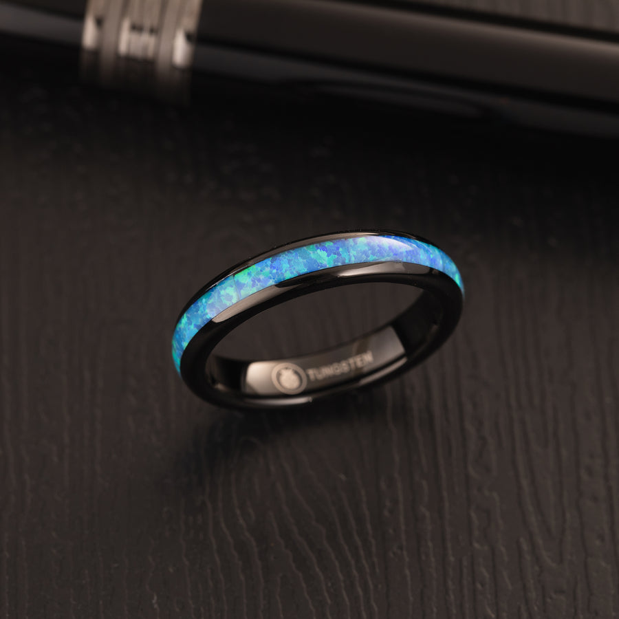 Black Tungsten Carbide Blue Opal Inlay 4mm Wedding Band