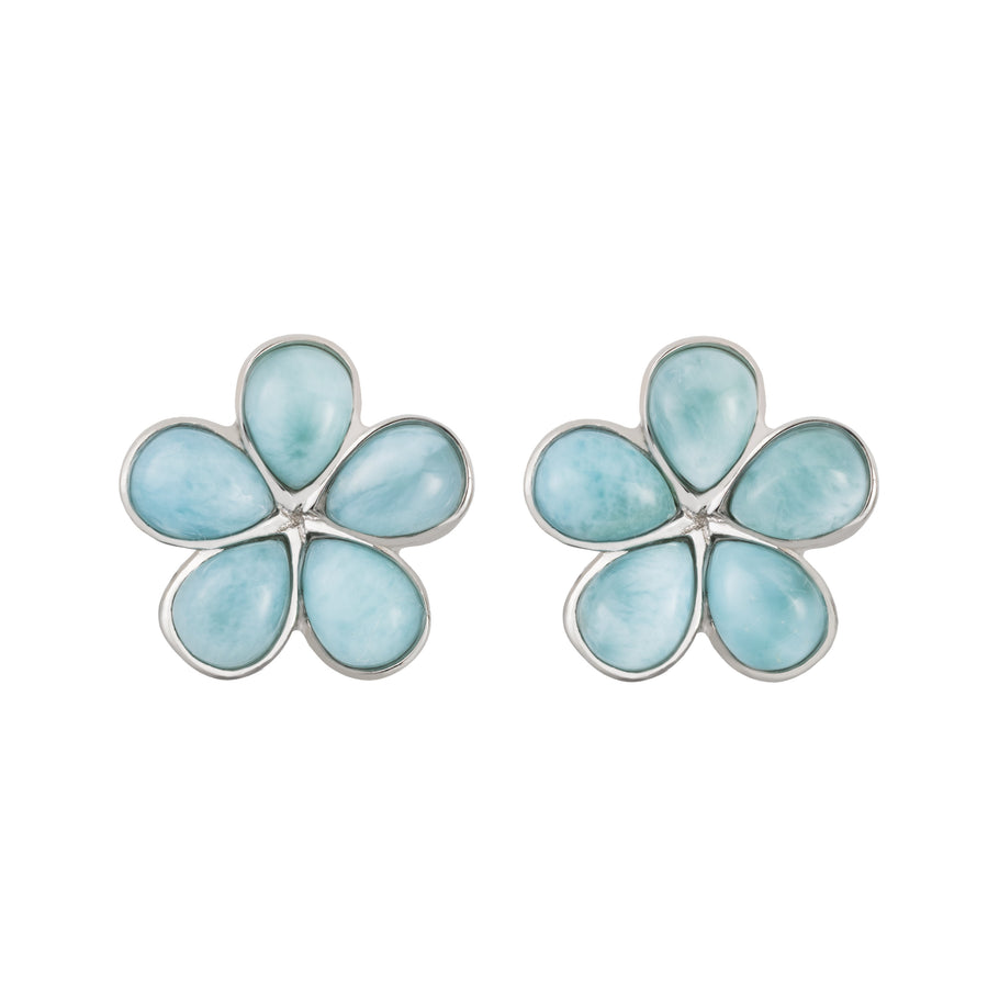 925 Sterling Silver Natural Larimar Plumeria Flower Stud Earrings