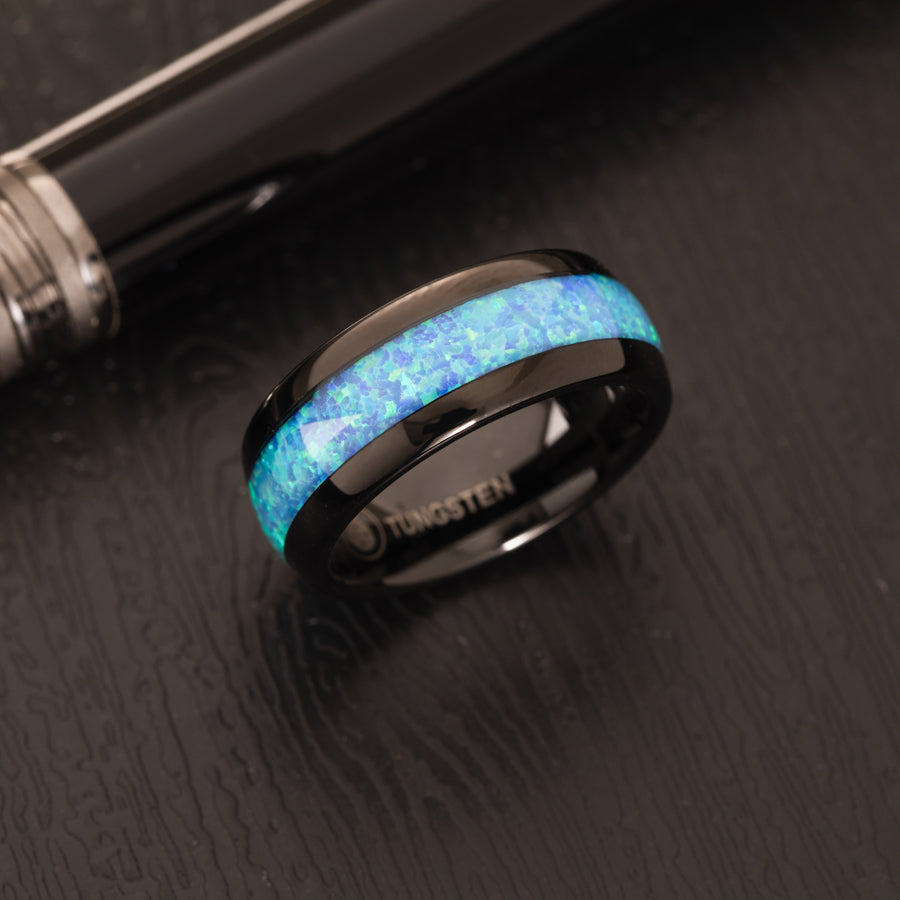 Black Tungsten Carbide Blue Opal Inlay 8mm Wedding Band