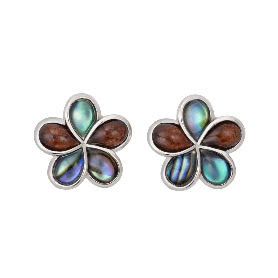 Sterling Silver Koa Wood and Abalone Shell Hawaiian Mauka to Makai Plumeria Flower Stud Earrings