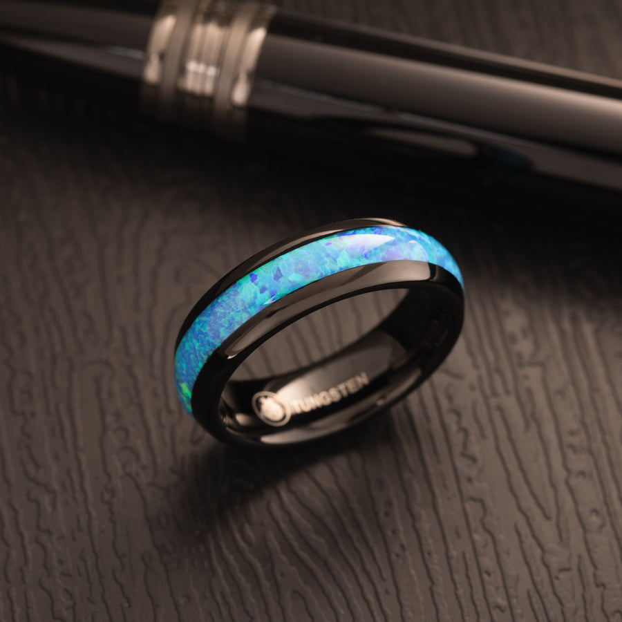 Black Tungsten Carbide Blue Opal Inlay 6mm Wedding Band