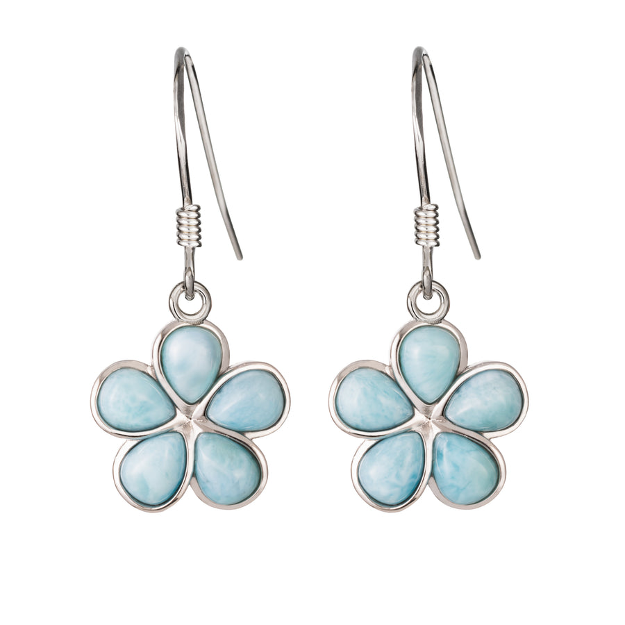 925 Sterling Silver Natural Larimar Plumeria Dangle Earrings, Rounded Petals