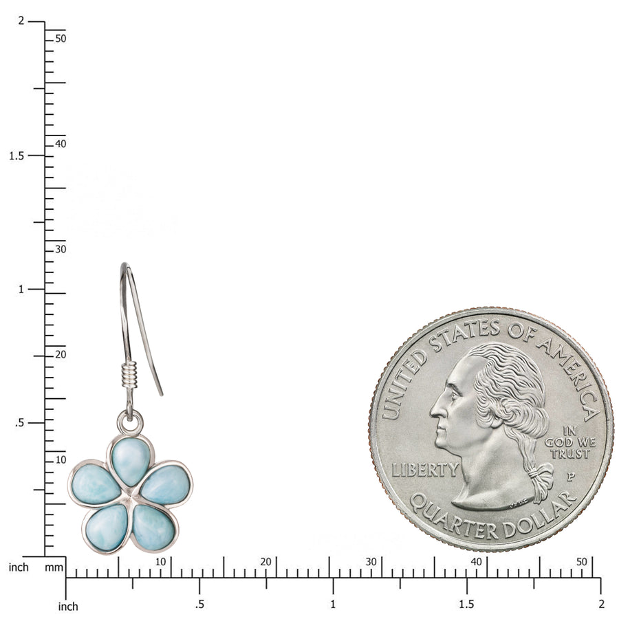 925 Sterling Silver Natural Larimar Plumeria Dangle Earrings, Rounded Petals