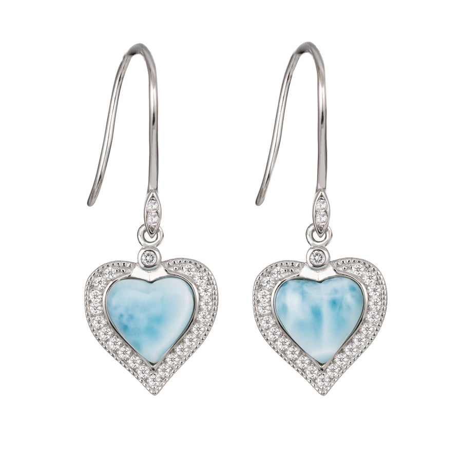 925 Sterling Silver Topaz Natural Larimar Hau'oli Halo Heart Dangle Earrings