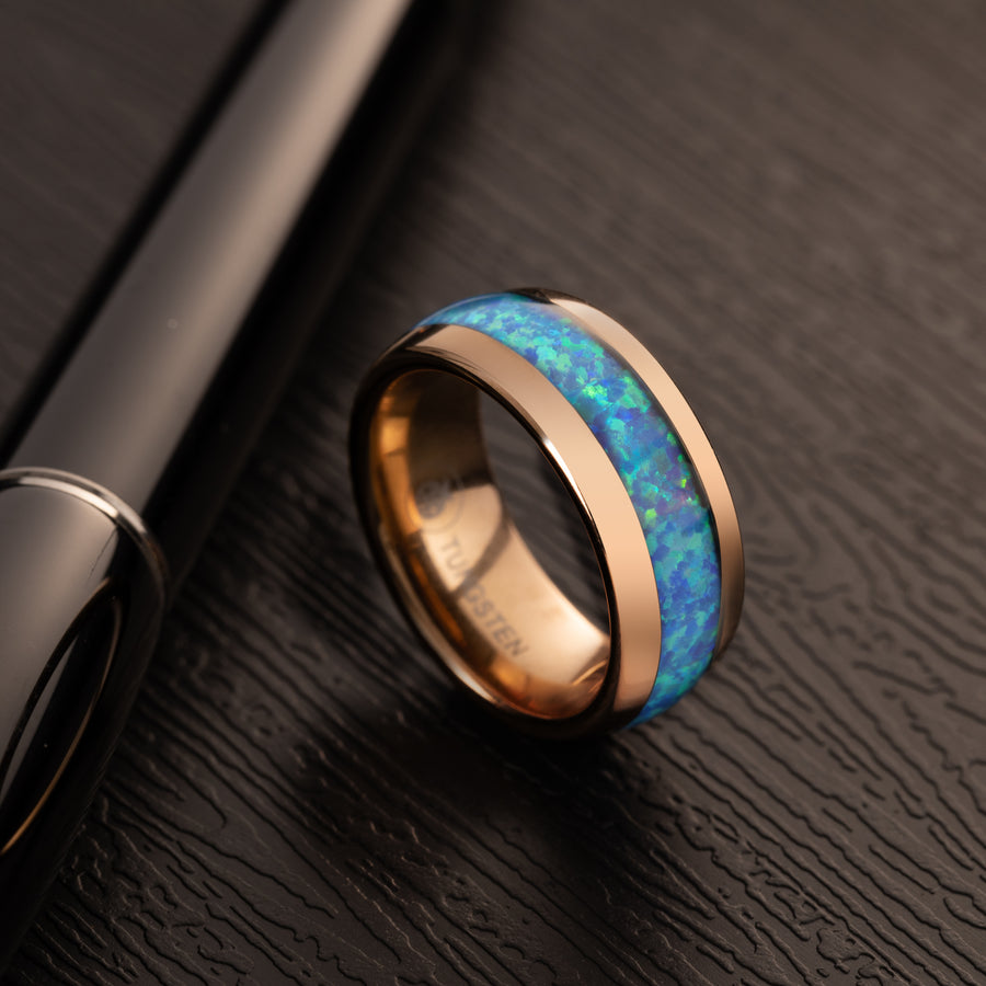 Rose Gold Tungsten Carbide Blue Opal Inlay 8mm Wedding Band