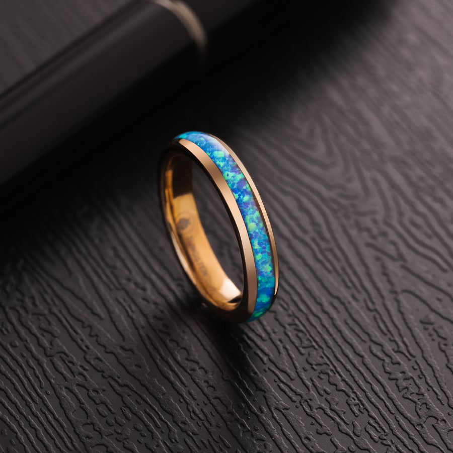 Rose Gold Tungsten Carbide Blue Opal Inlay 4mm Wedding Band