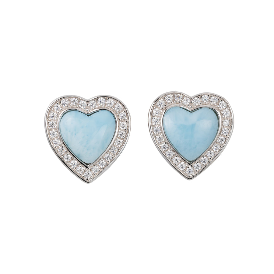 925 Sterling Silver Natural Larimar & Topaz Halo Heart Stud Earrings