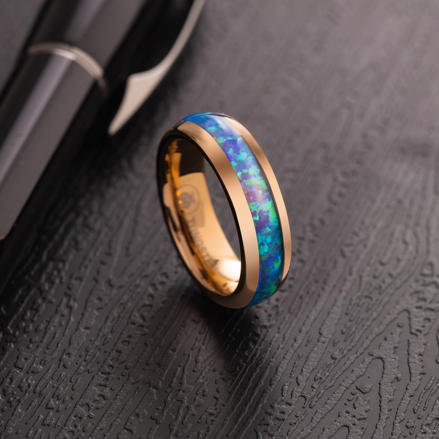 Rose Gold Tungsten Carbide Blue Opal Inlay 6mm Wedding Band