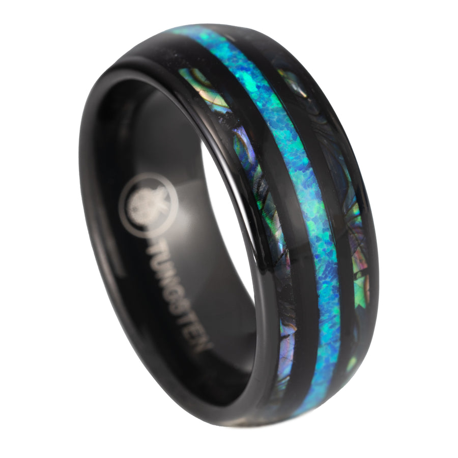 Black Tungsten Carbide Abalone Shell with Blue Opal Inlay 8mm Comfort Fit Ring / Wedding Band