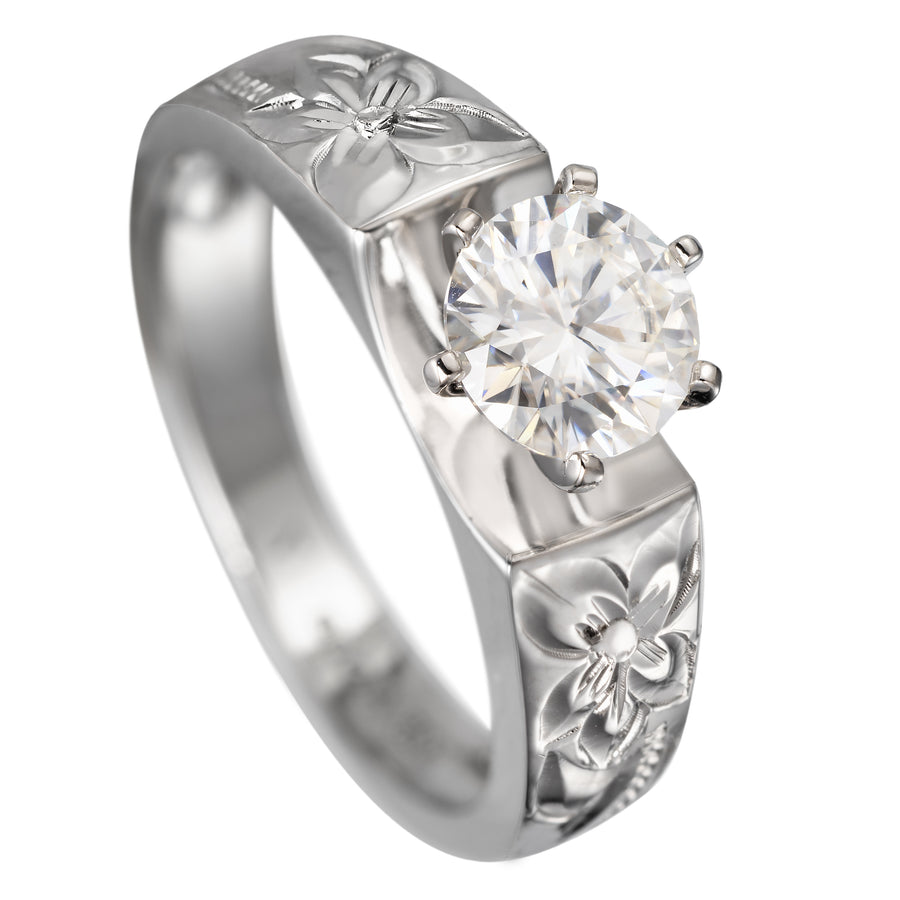 925 Sterling Silver 1CT Moissanite Tapered Plumeria Flower Scroll Ring Stackable Wedding Band