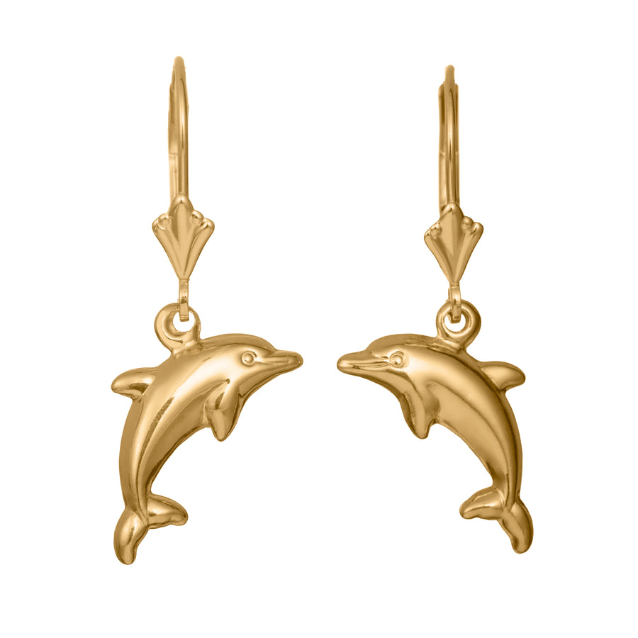 14K Solid Yellow Gold Hawaiian Dolphin Dangle Earrings