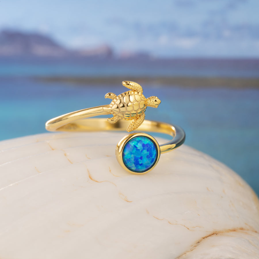 14K Gold Plated Sterling Silver Blue Opal Turtle and Full Moon Adjustable Bypass Ring