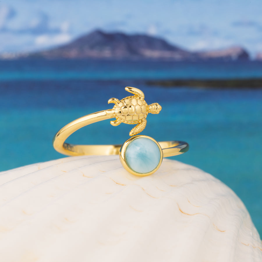 Sterling Silver 14K Gold Plated Larimar Turtle and Full Moon Adjustable Bypass Ring