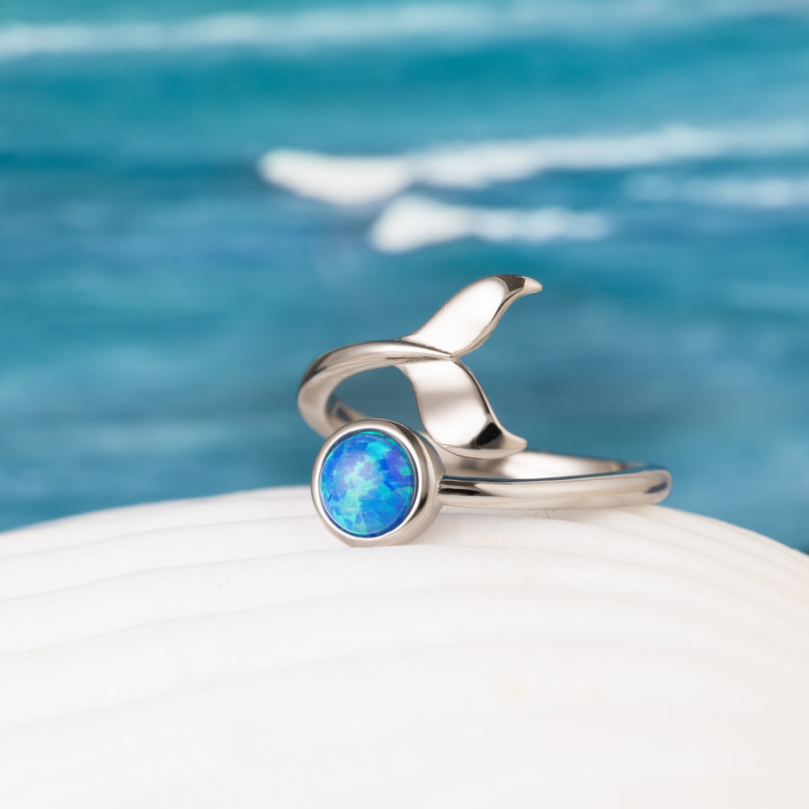 Sterling Silver Rhodium Plated Blue Opal Whale Tail and Full Moon Adjustable Bypass Ring