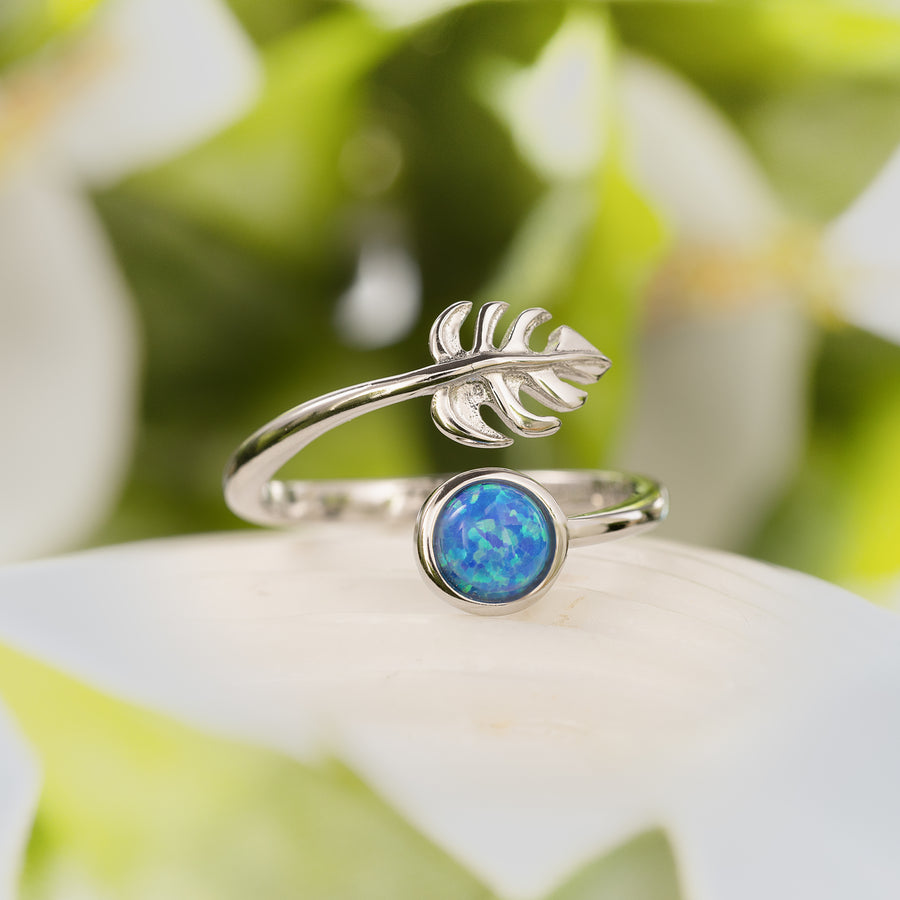 Sterling Silver Rhodium Plated Blue Opal Monstera Leaf and Full Moon Adjustable Bypass Ring