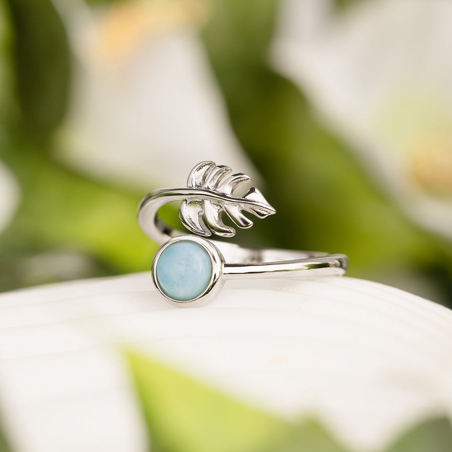 Sterling Silver Larimar Monstera Leaf and Full Moon Adjustable Bypass Ring